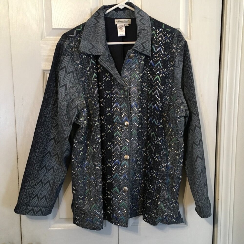 Coldwater Creek Women's Blue Denim Jacket with Sequins Aztec-style 2X